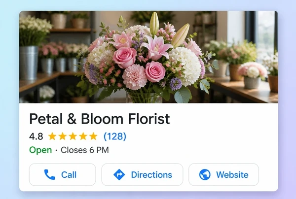 A Google Maps listing for a florist with rating, hours and a call button
