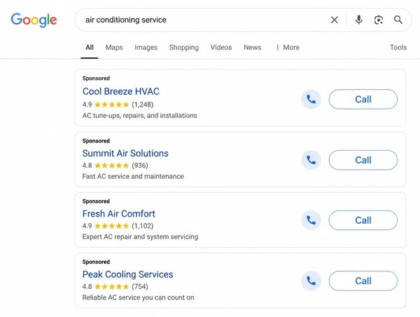 Google search results for an air conditioning service with a call button on the advert