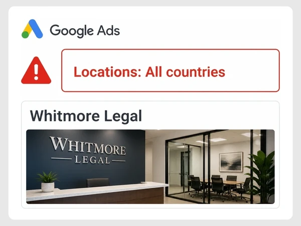 Whitmore Legal Google Ads location settings show Locations: All countries in red beside a warning triangle.