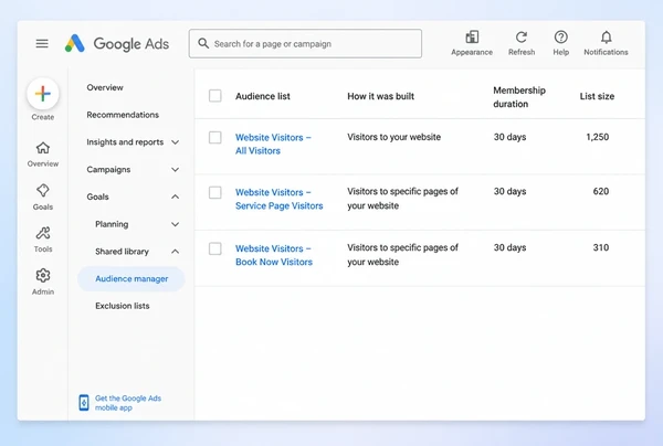 Three remarketing lists of past barber shop website visitors in Google Ads