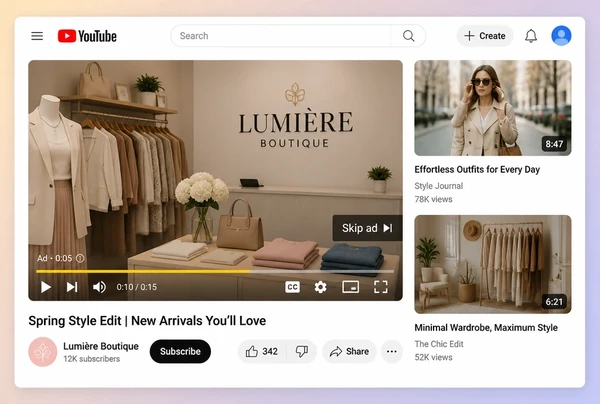A YouTube watch page playing a fashion boutique video advert with a skip button