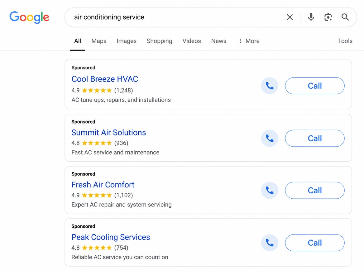 Google search results for an air conditioning service with a call button on the advert