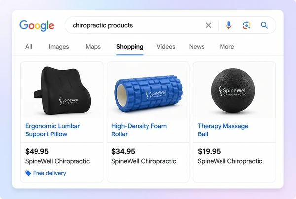 Three chiropractic clinic product cards with photograph, title and price in Google Shopping