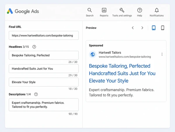 A Google Ads advert editor with bespoke tailor headlines and the page it opens
