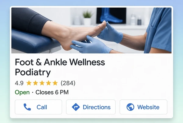 A Google Maps listing for a podiatry practice with rating, hours and a call button