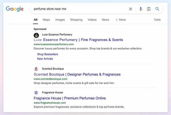 A Google results page with one sponsored perfumery advert above two organic results
