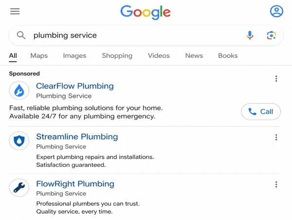 A Google search results page on a phone with a sponsored listing and a call button