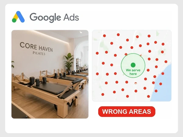Core Haven Pilates Google Ads map shows red dots beyond the We serve here circle with a Wrong Areas warning.