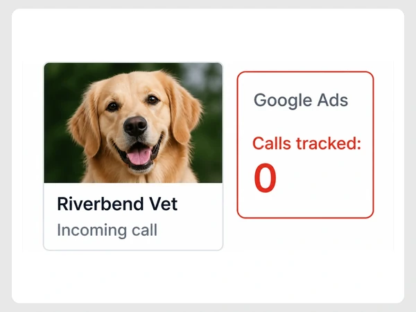 Riverbend Vet shows an incoming call beside Google Ads reporting zero tracked calls in red.