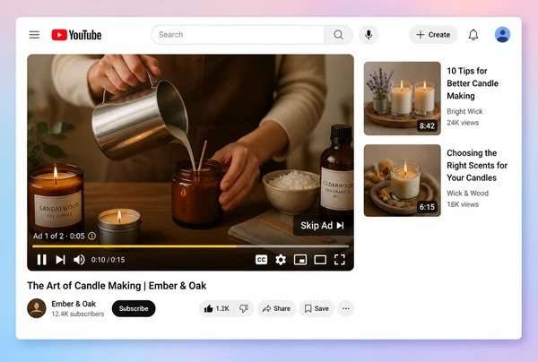 A YouTube watch page playing a candle maker video advert with a skip button