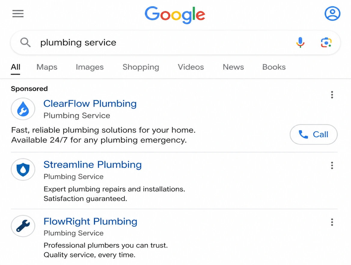 A Google search results page on a phone with a sponsored listing and a call button