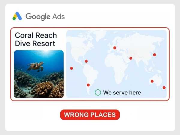 Coral Reach Dive Resort Google Ads map shows red dots beyond a small We serve here circle with Wrong Places.