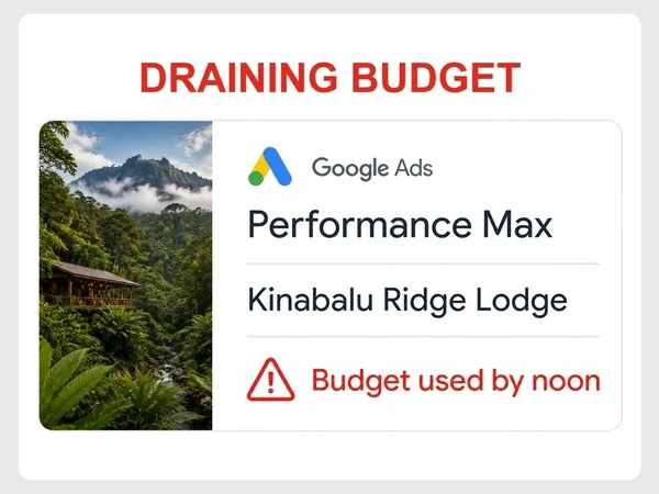 Kinabalu Ridge Lodge Performance Max card shows Budget used by noon in red beneath Draining Budget and a warning triangle.