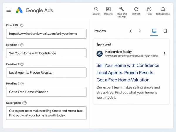 A Google Ads advert editor with real estate headlines and the page it opens