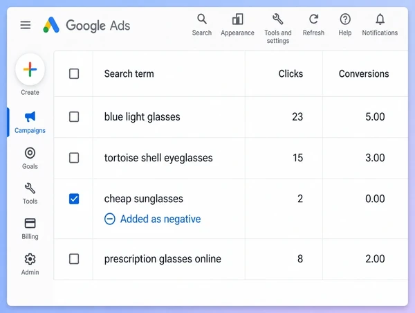 A Google Ads search terms report for an eyewear brand with one term excluded