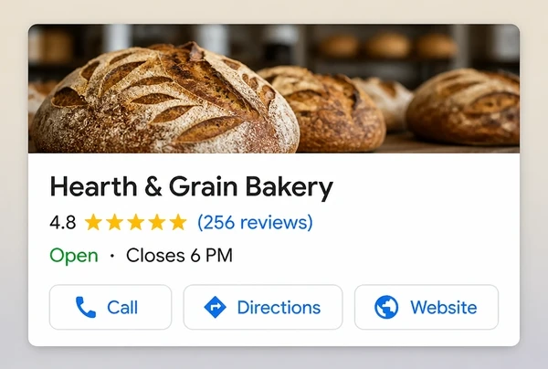 A Google Maps listing for an artisan bakery with rating, hours and a call button