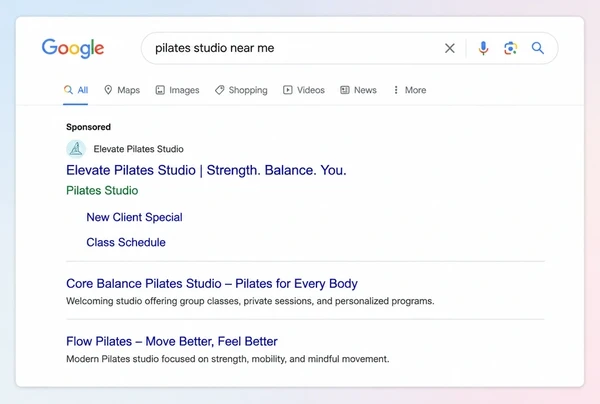 A Google results page with one sponsored pilates studio advert above two organic results