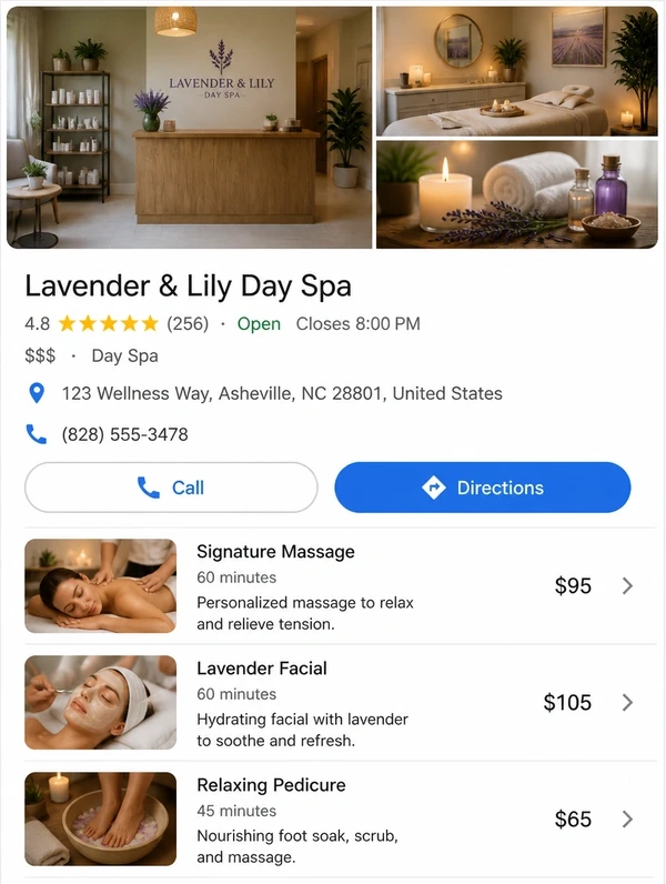 A map listing for a day spa with its rating, hours and call and directions buttons.