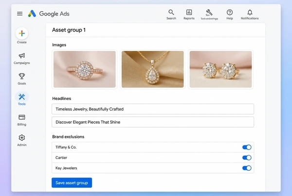 A Performance Max asset group for a jewellery boutique with three creatives and three exclusions
