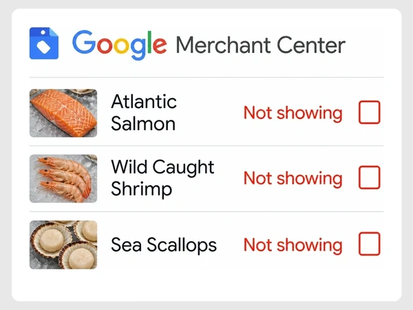Tide Table Seafood Merchant Center card shows three seafood products marked Not showing in red with stop squares.