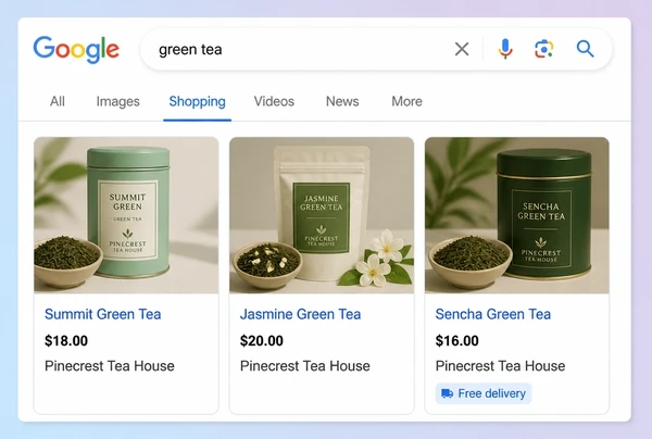 Three tea house product cards with photograph, title and price in Google Shopping