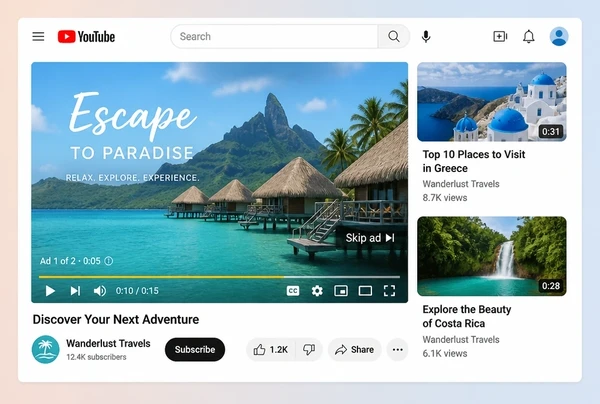 A YouTube watch page playing a travel video advert with a skip button
