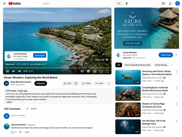 YouTube watch page with a skippable video advert and a companion banner