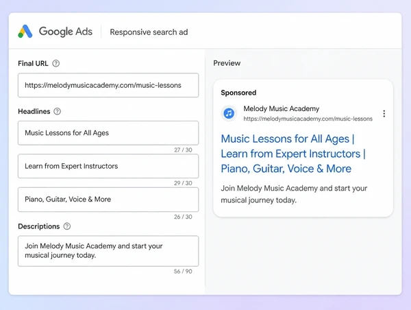 A Google Ads advert editor with music school headlines and the page it opens