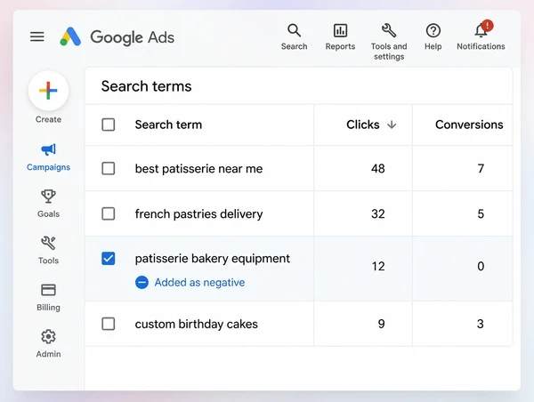 A Google Ads search terms report for a patisserie with one term excluded