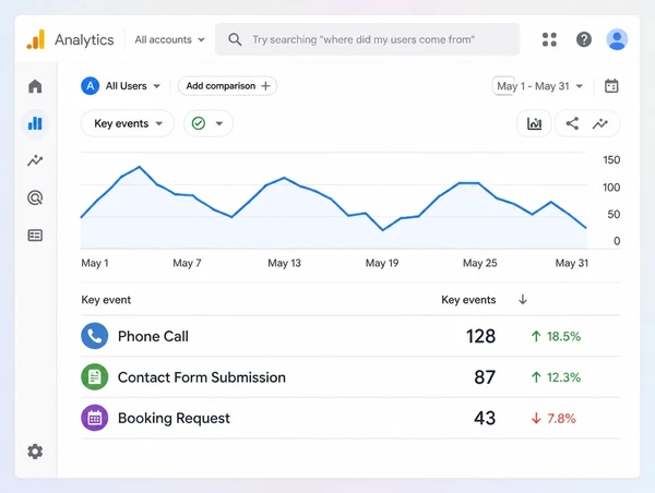 A Google Analytics key events report counting calls and forms for a bookshop