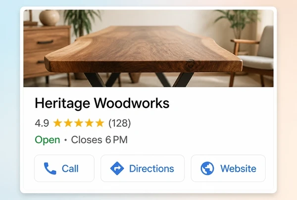 A Google Maps listing for a furniture maker with rating, hours and a call button