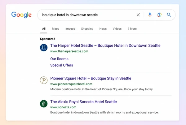 A Google results page with one sponsored boutique hotel advert above two organic results