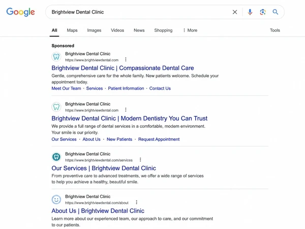 A Google search results page for a dental clinic with a sponsored listing at the top