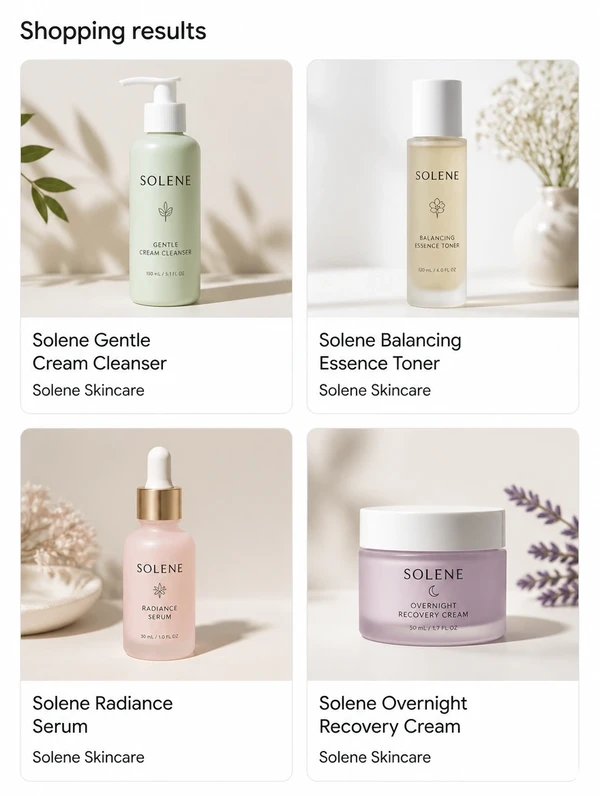 A Google Shopping panel showing four skincare products in a two by two grid of photo cards