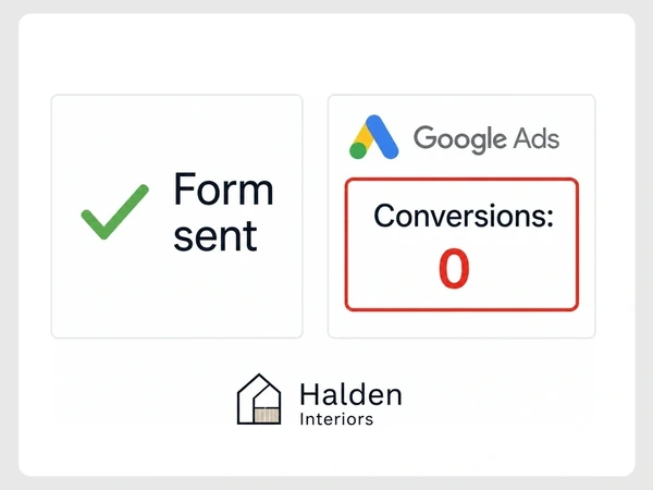 Halden Interiors enquiry form says Form sent, while Google Ads reports Conversions: 0 inside a red outline.