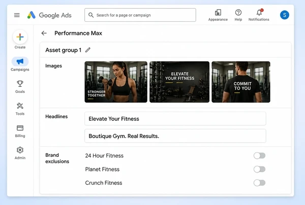 A Performance Max asset group for a boutique gym with three creatives and three exclusions