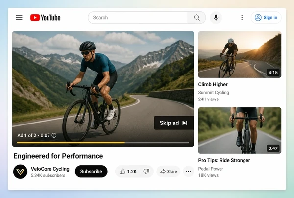 A YouTube watch page playing a performance cycling video advert with a skip button