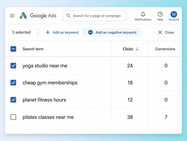A Google Ads search terms report with three off target phrases ticked to add as negative keywords