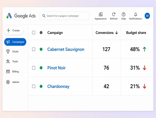A Google Ads table with budget share moving to the campaign converting best