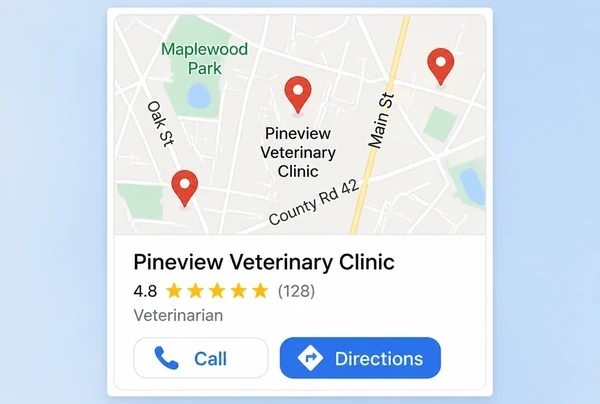 A Google Maps card for a veterinary practice with its rating, address, call and directions buttons