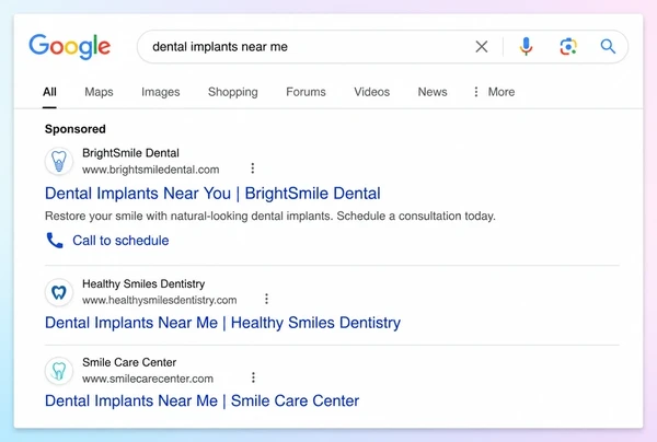A Google search for dental implants with one sponsored practice above two ordinary results