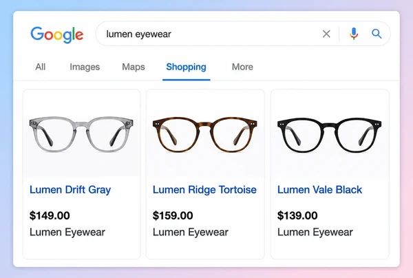 Three Google Shopping cards for an eyewear brand with photos, names and prices