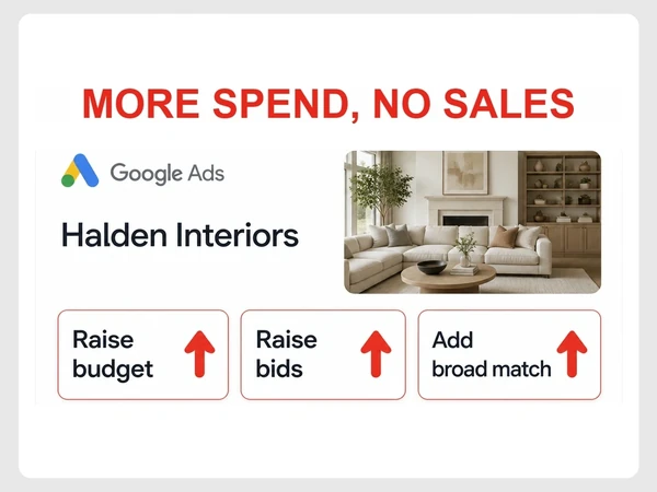 Halden Interiors Google Ads recommendations raise budgets, bids, and broad match despite no sales.