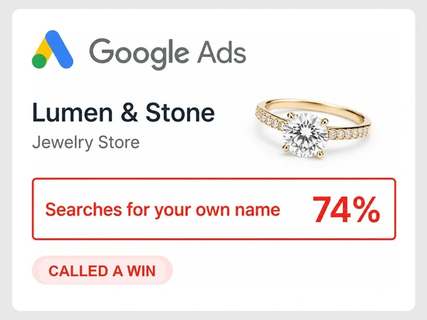 Lumen & Stone Google Ads budget shows 74% spent on searches for its own name, labeled Called a win.