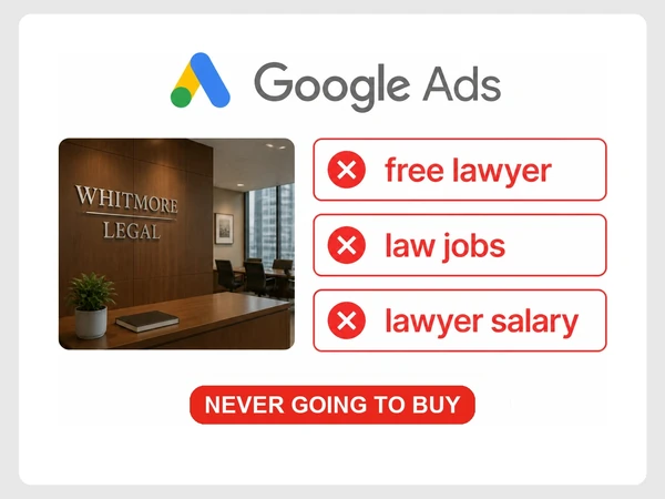 Whitmore Legal Google Ads table marks free lawyer, law jobs, and lawyer salary with red X symbols.