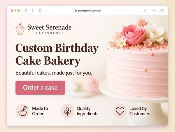 A patisserie landing page whose heading repeats the search wording, with one order button