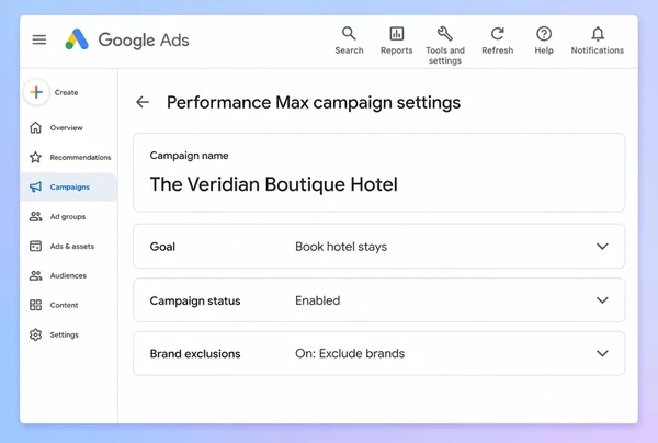 A Performance Max settings panel for a hotel campaign with three settings and brand exclusions on