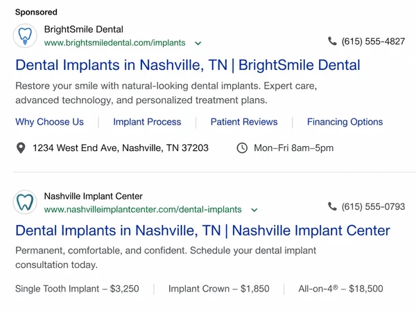 A search results page with a sponsored dental practice listing at the top above the ordinary results.