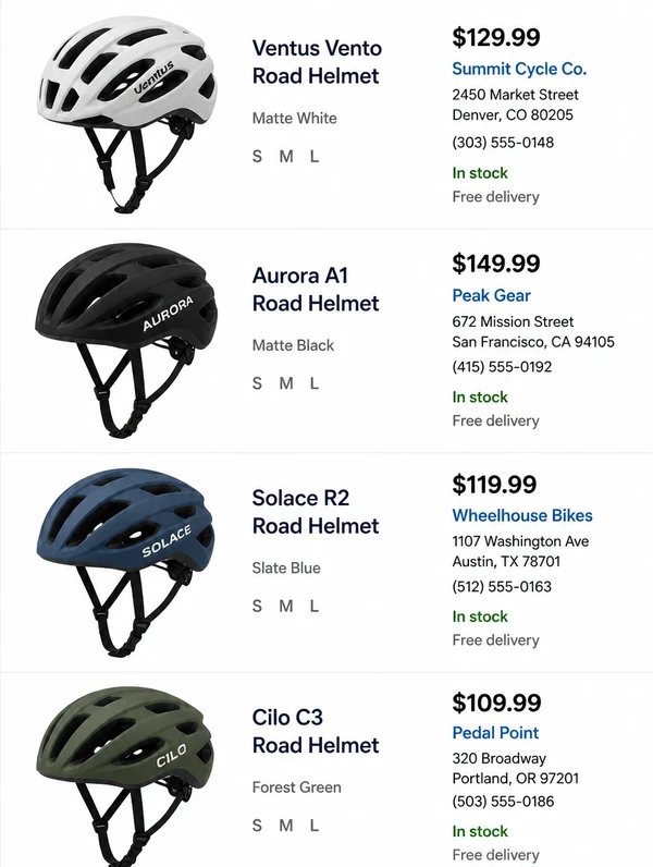 Shopping results for cycling helmets showing product photographs, prices and store names.