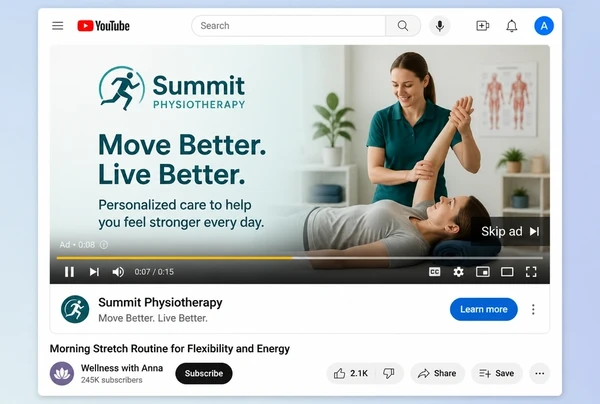 A YouTube advert for a physiotherapy practice playing, with a skip button and a sponsored bar